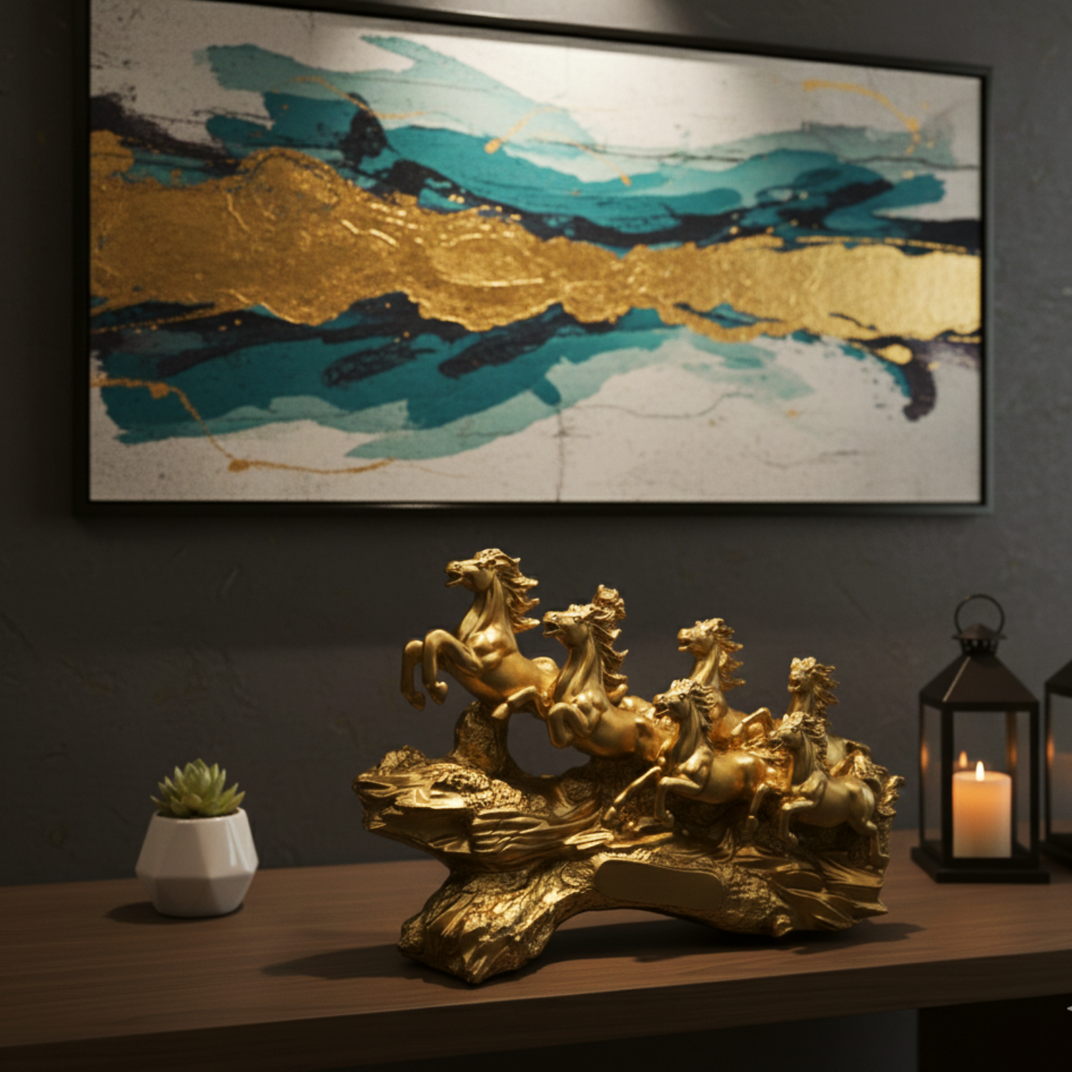 Statue ALiLA ALILA Golden 7 Running Horses Statue 19 Inch | Vastu Feng Shui Horse Showpiece for Home & Office Decor | Symbol of Success, Wealth & Good Luck | Decorative Horse Sculpture on Golden Wave Base Statue