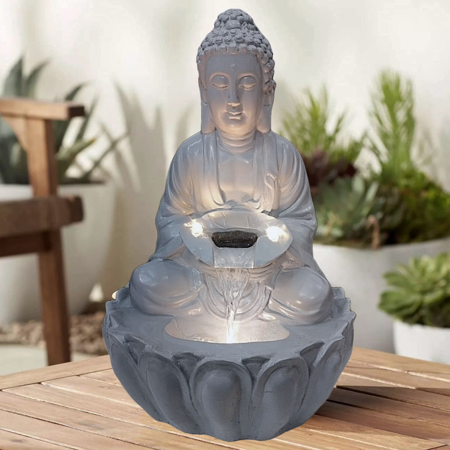 Water Fountain ALiLA Kamal Buddha Idol Table Top Water Fall Fountain with LED Lights Home Decoration Indoor Outdoor Gift Gifting Items, 21 inches, Grey Water Fountain