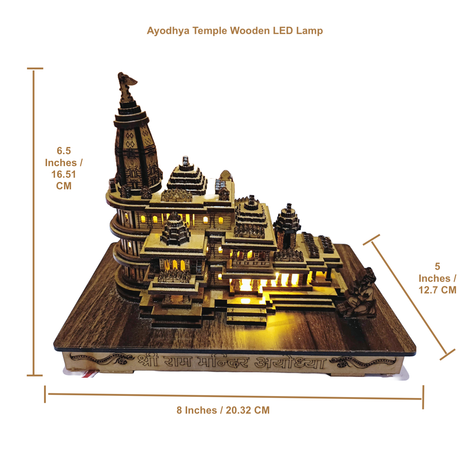 Statue ALiLA Shri Ram 3D Wooden Mandir Ayodhya Model with LED Lights for Home Temple Pooja Decor Decoration Gifts, 8 Inch Length / 6.5 Inch Height Statue