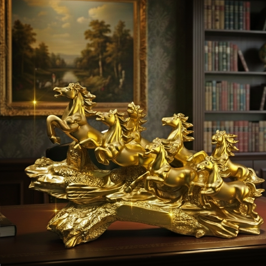 Statue ALiLA ALILA Golden 7 Running Horses Statue 19 Inch | Vastu Feng Shui Horse Showpiece for Home & Office Decor | Symbol of Success, Wealth & Good Luck | Decorative Horse Sculpture on Golden Wave Base Statue