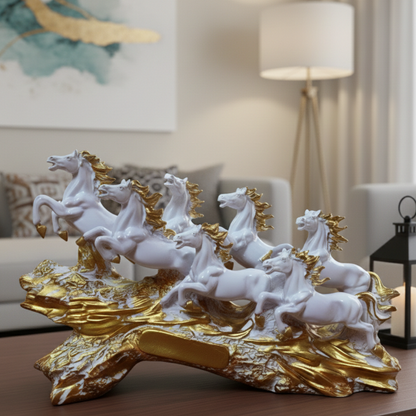 Statue ALiLA ALILA 7 Running Horses White Resin Statue 19 Inch | Vastu Feng Shui Horse Showpiece for Home & Office Decor | Symbol of Success, Wealth, Power | Decorative Horse Sculpture with Golden Wave Base Statue