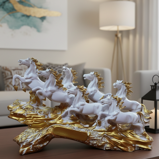 Statue ALiLA ALILA 7 Running Horses White Resin Statue 19 Inch | Vastu Feng Shui Horse Showpiece for Home & Office Decor | Symbol of Success, Wealth, Power | Decorative Horse Sculpture with Golden Wave Base Statue