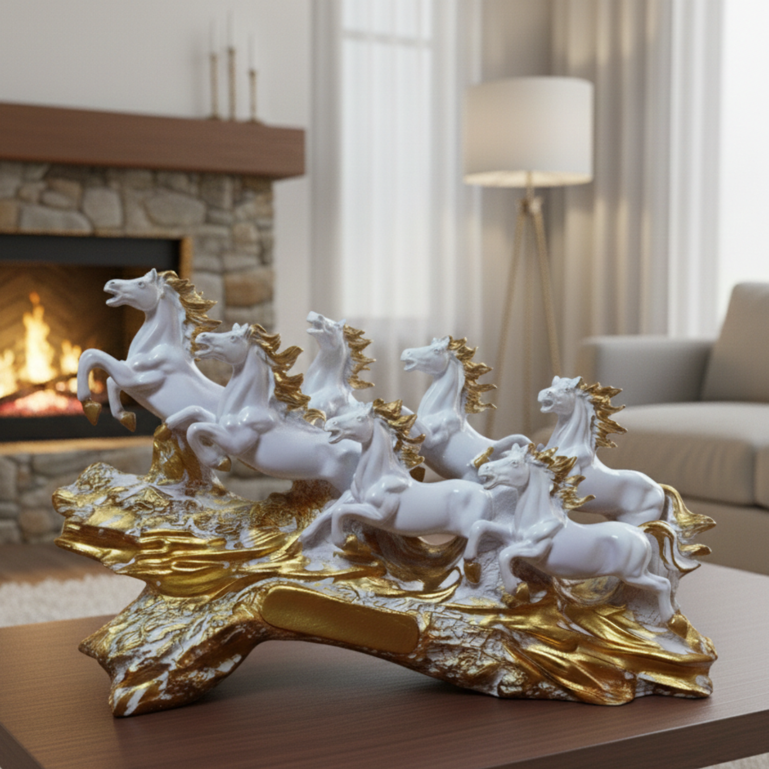 Statue ALiLA ALILA 7 Running Horses White Resin Statue 19 Inch | Vastu Feng Shui Horse Showpiece for Home & Office Decor | Symbol of Success, Wealth, Power | Decorative Horse Sculpture with Golden Wave Base Statue