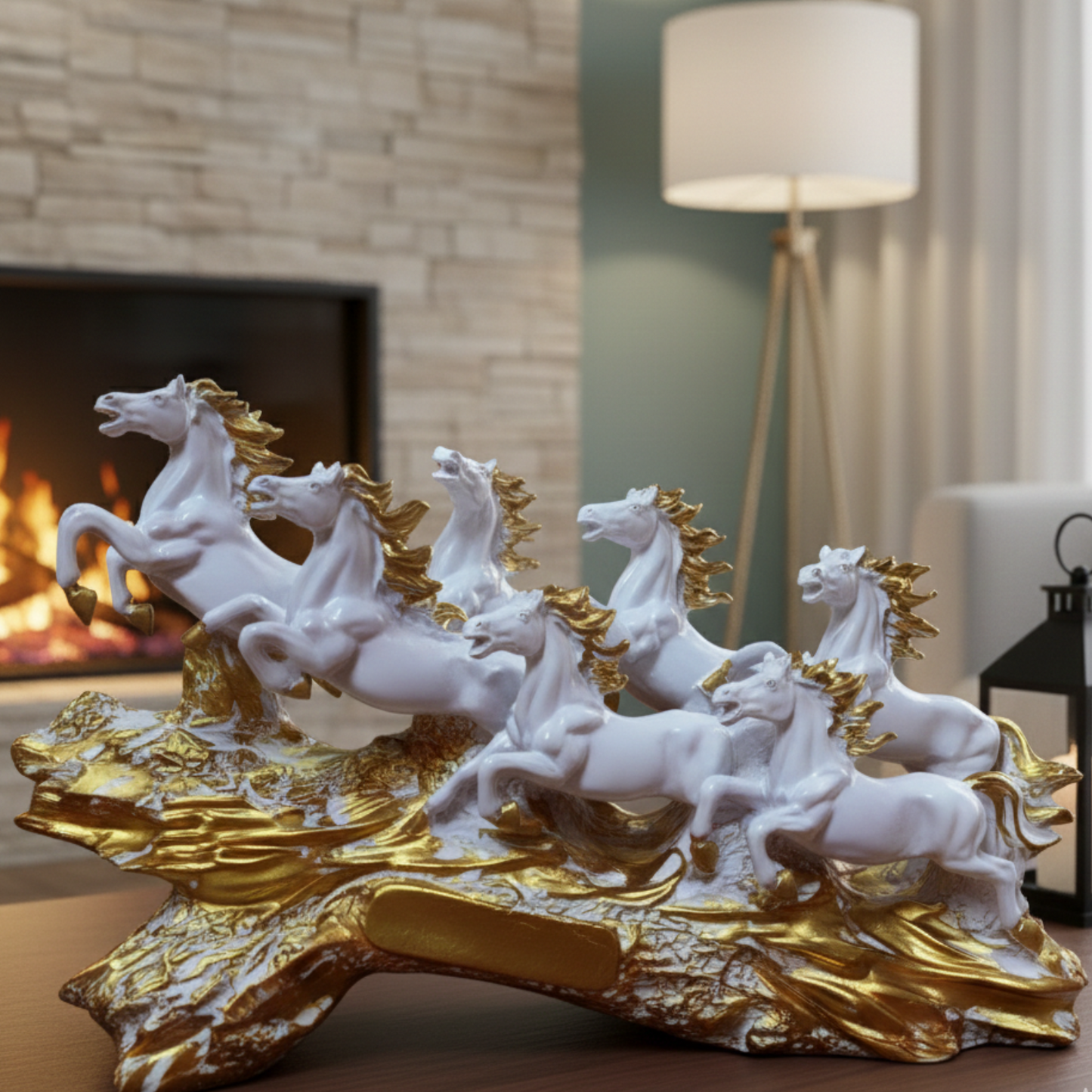 Statue ALiLA ALILA 7 Running Horses White Resin Statue 19 Inch | Vastu Feng Shui Horse Showpiece for Home & Office Decor | Symbol of Success, Wealth, Power | Decorative Horse Sculpture with Golden Wave Base Statue