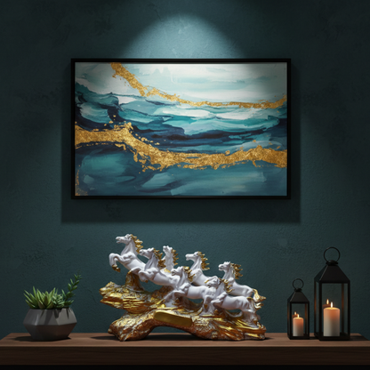 Statue ALiLA ALILA 7 Running Horses White Resin Statue 19 Inch | Vastu Feng Shui Horse Showpiece for Home & Office Decor | Symbol of Success, Wealth, Power | Decorative Horse Sculpture with Golden Wave Base Statue