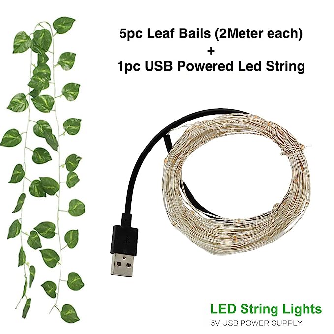 LED String Light ALiLA Leaf Money Plant & Led String Lights for Home Lawn Garden Indoor Outdoor Decoration (USB Powered, 10Meter/32Feet) LED String Light