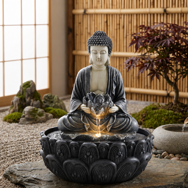 Water Fountain ALiLA ALiLa Kamal Buddha Idol Table Top Water Fall Fountain with LED Lights Home Decoration Indoor Outdoor Gift Gifting Items, 14 inches Water Fountain