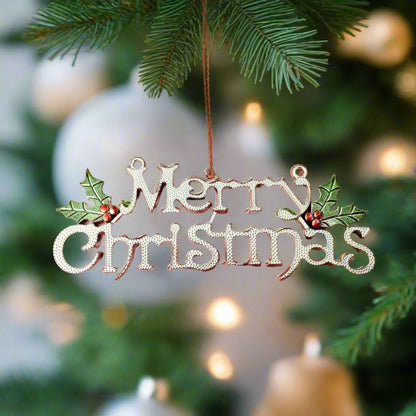ALILA Merry Christmas Silver & Golden Tag for Xmas Pine Tree Hanging Decoration Banner Ornaments, 6 inches Wide, Set of 2 - ALiLA