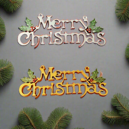ALILA Merry Christmas Silver & Golden Tag for Xmas Pine Tree Hanging Decoration Banner Ornaments, 6 inches Wide, Set of 2 - ALiLA