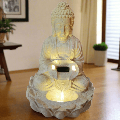 ALiLa Kamal Buddha Idol Table Top Water Fall Fountain with LED Lights Home Decor Decoration Indoor Outdoor Gift Gifting Items, 21 inches - ALiLA